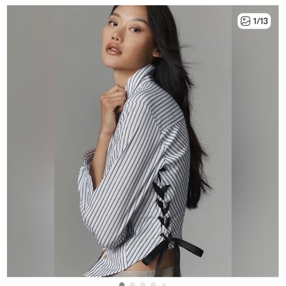 NEW Anthropologie Maeve Striped Cropped Lace Up Button Down Corset Blouse Medium